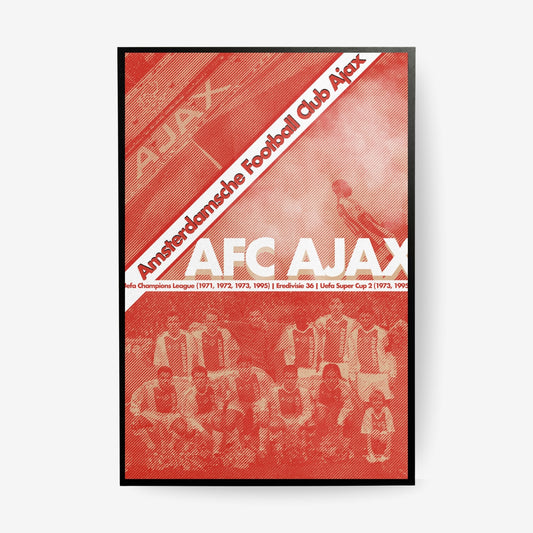 AFC Ajax football poster in a black frame featuring Amsterdam club history inspired artwork