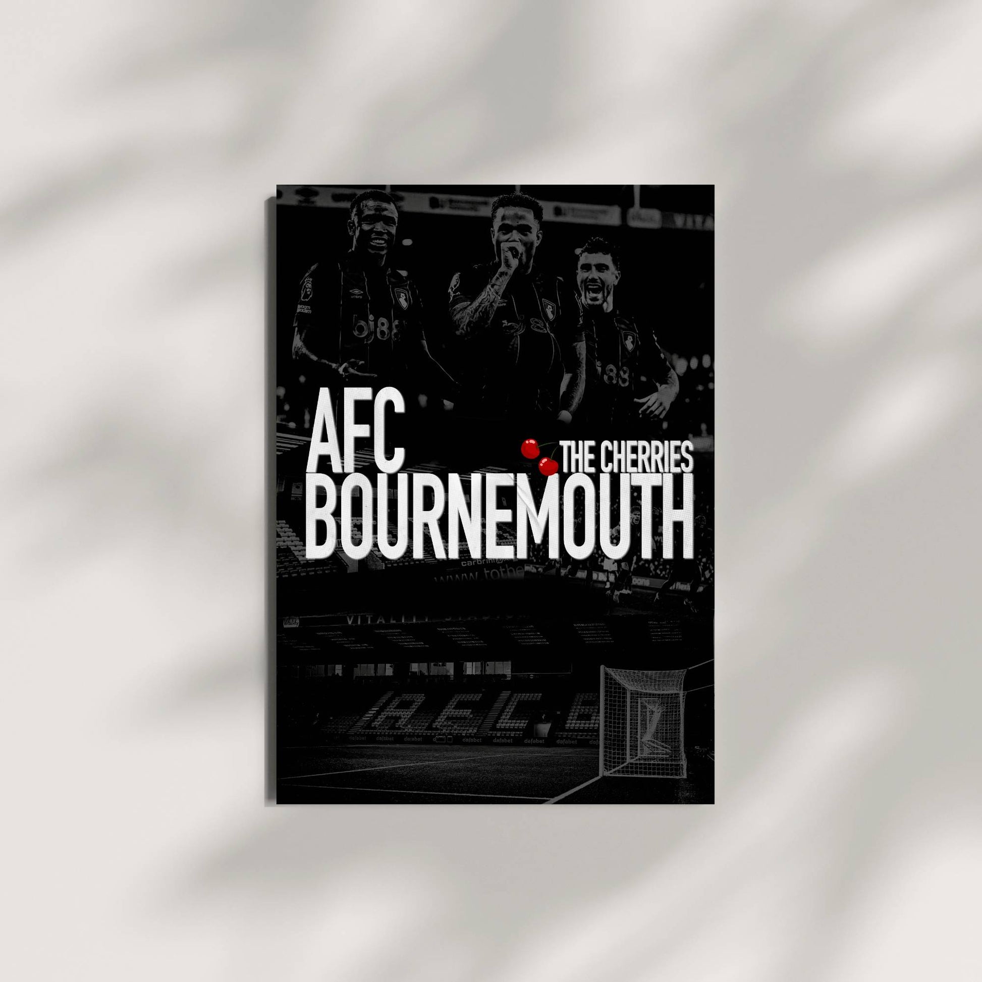 Minimalist AFC Bournemouth wall art with dark tones and team stadium background.