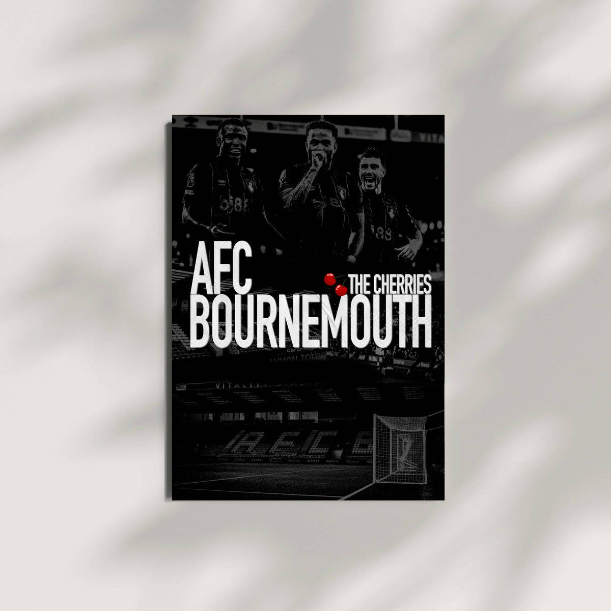 Minimalist AFC Bournemouth wall art with dark tones and team stadium background.