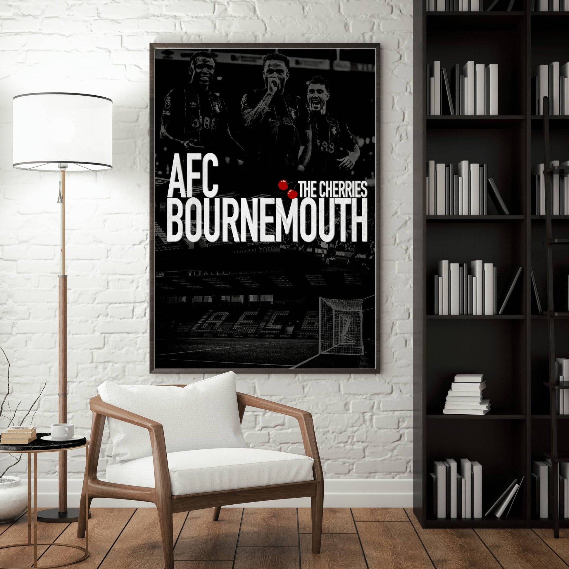 Framed AFC Bournemouth wall decor displayed in a modern living room setting.