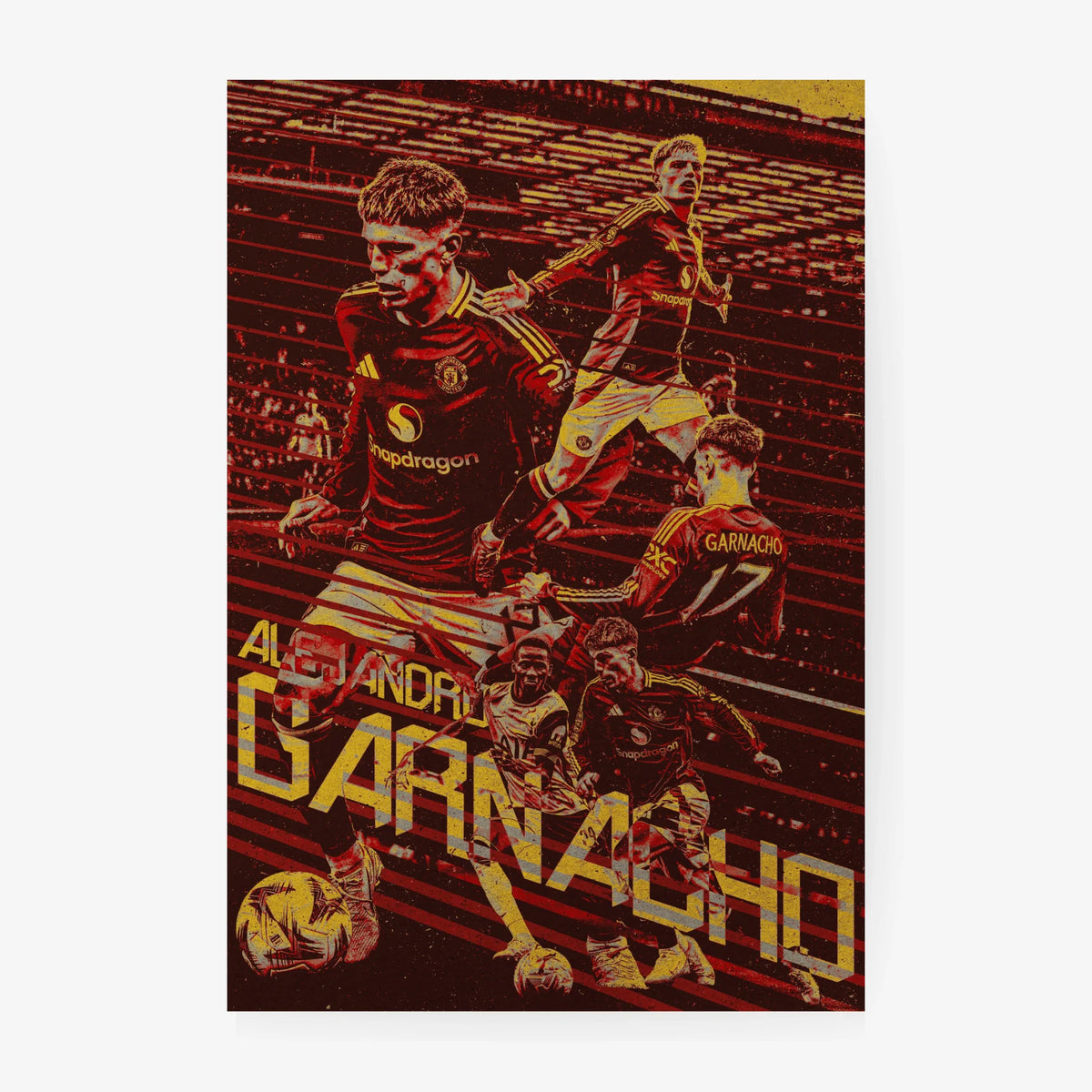 Minimalist Alejandro Garnacho Manchester United football poster in red and gold tones with layered match photography.