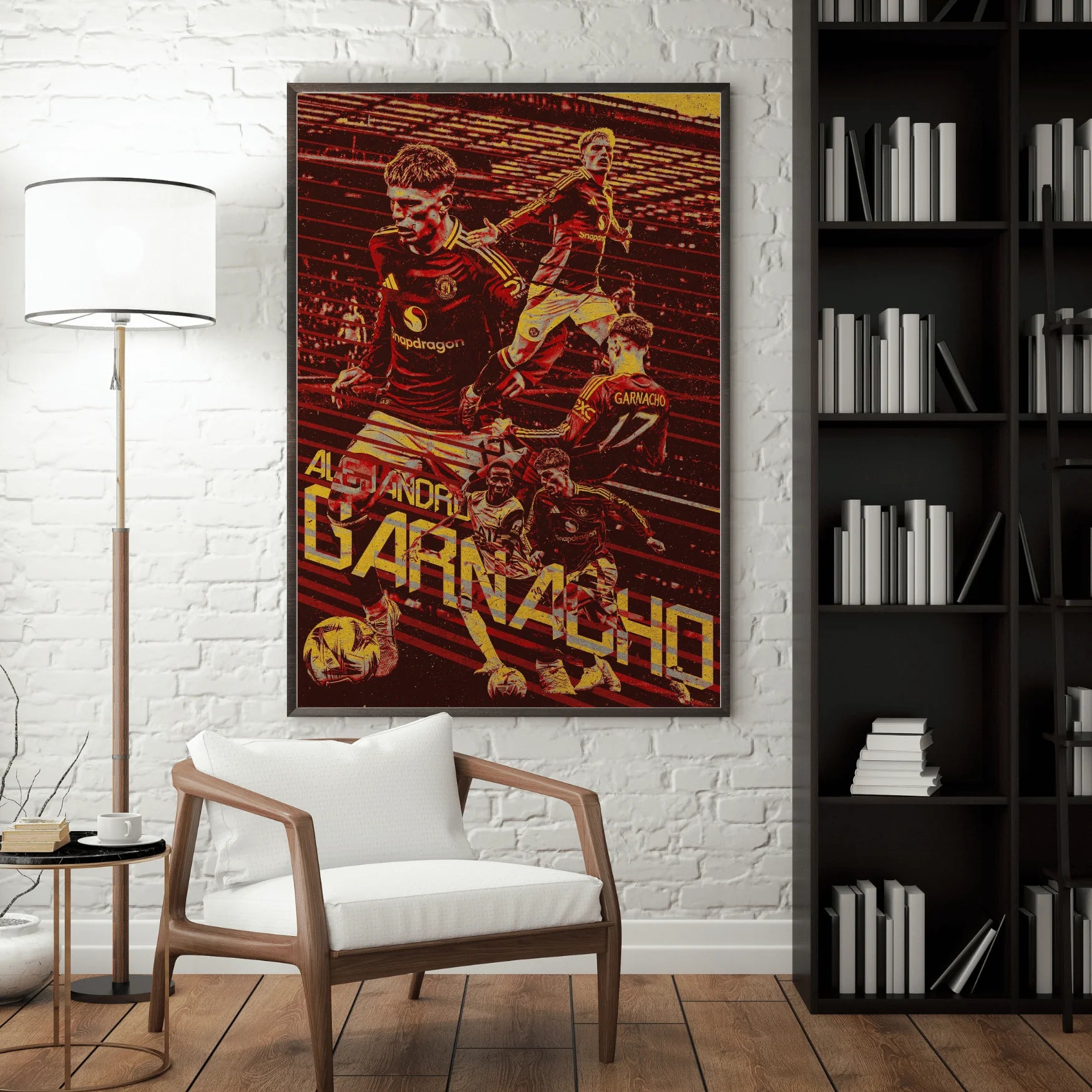 Mockup of Alejandro Garnacho Manchester United football poster in red and gold tones hanging on a wall in a modern living room