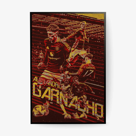 Alejandro Garnacho Manchester United football poster in a red and gold graphic style with multiple action shots.