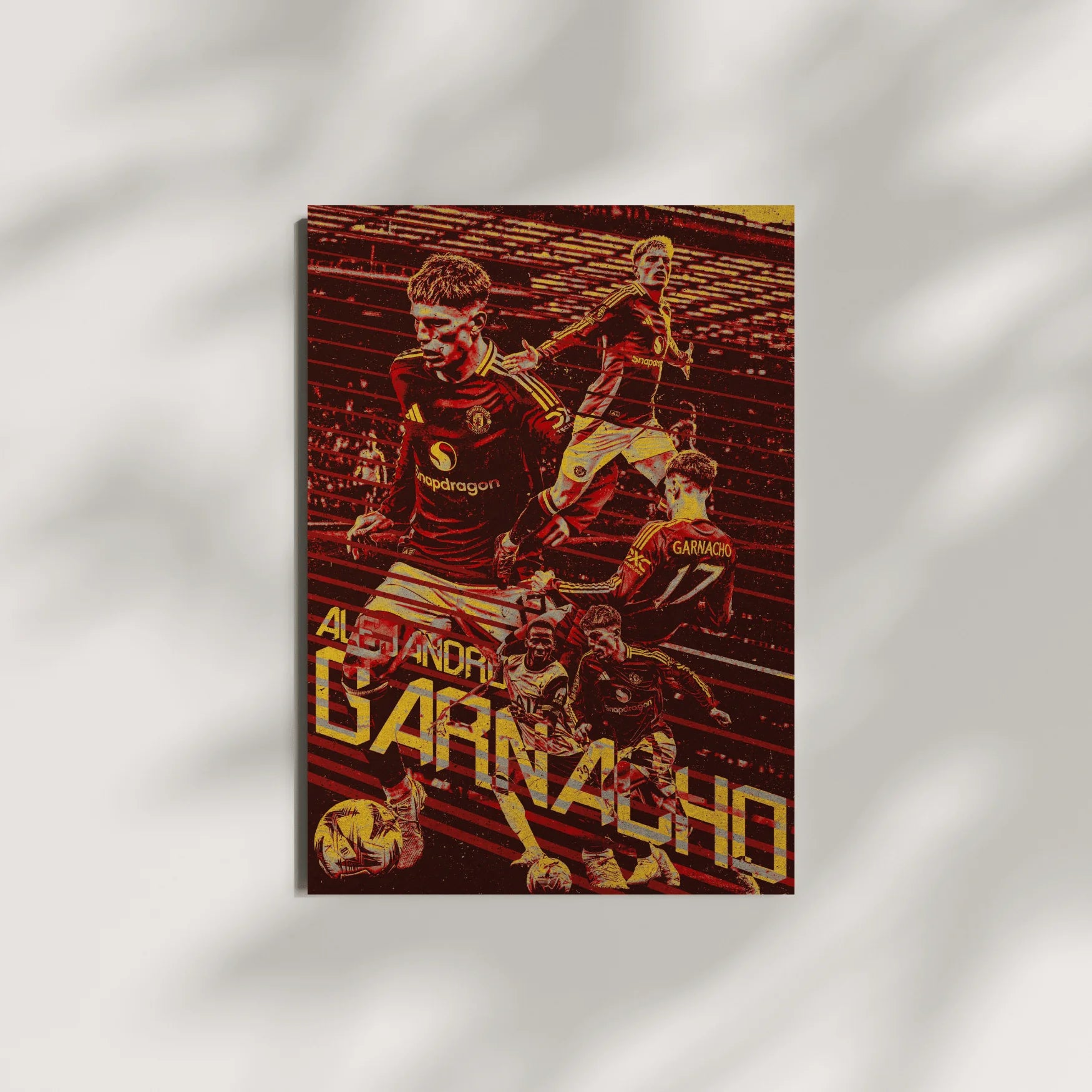 Alejandro Garnacho Manchester United football poster with vintage grain effect and dramatic stadium shadows.