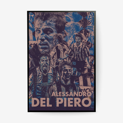 Alessandro Del Piero Juventus football poster in a black frame featuring iconic career moments in a vintage blue collage design