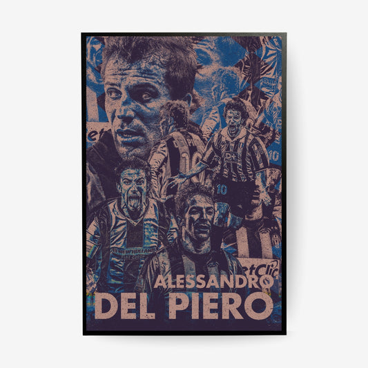 Alessandro Del Piero Juventus football poster in a black frame featuring iconic career moments in a vintage blue collage design