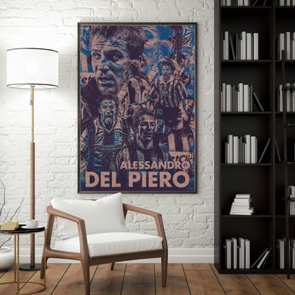 Alessandro Del Piero Juventus football poster displayed in a modern interior with vintage blue football artwork
