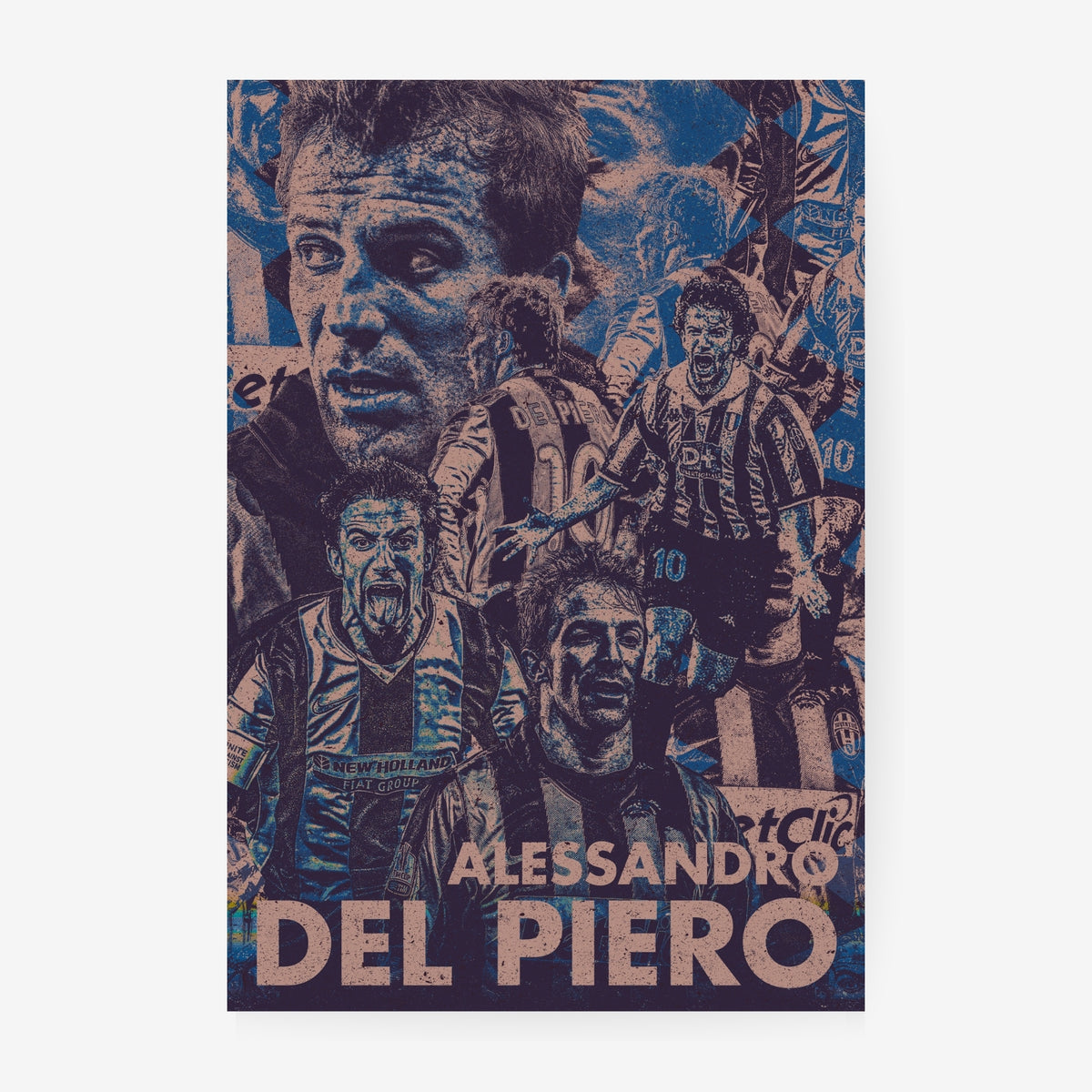 Alessandro Del Piero Juventus football poster featuring iconic career moments and legendary number 10 imagery in a vintage blue collage design