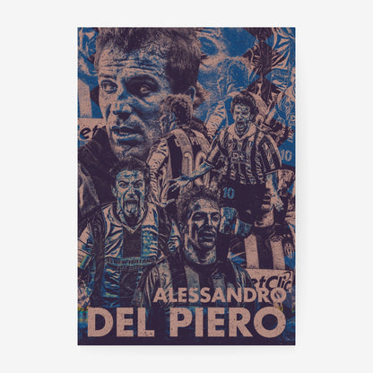 Alessandro Del Piero Juventus football poster featuring iconic career moments and legendary number 10 imagery in a vintage blue collage design