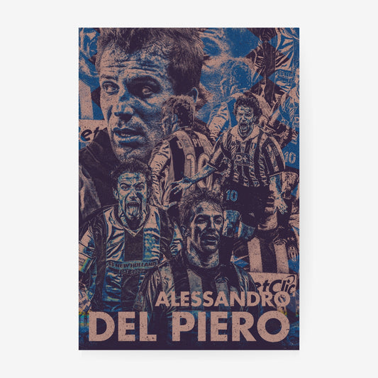 Alessandro Del Piero Juventus football poster featuring iconic career moments and legendary number 10 imagery in a vintage blue collage design