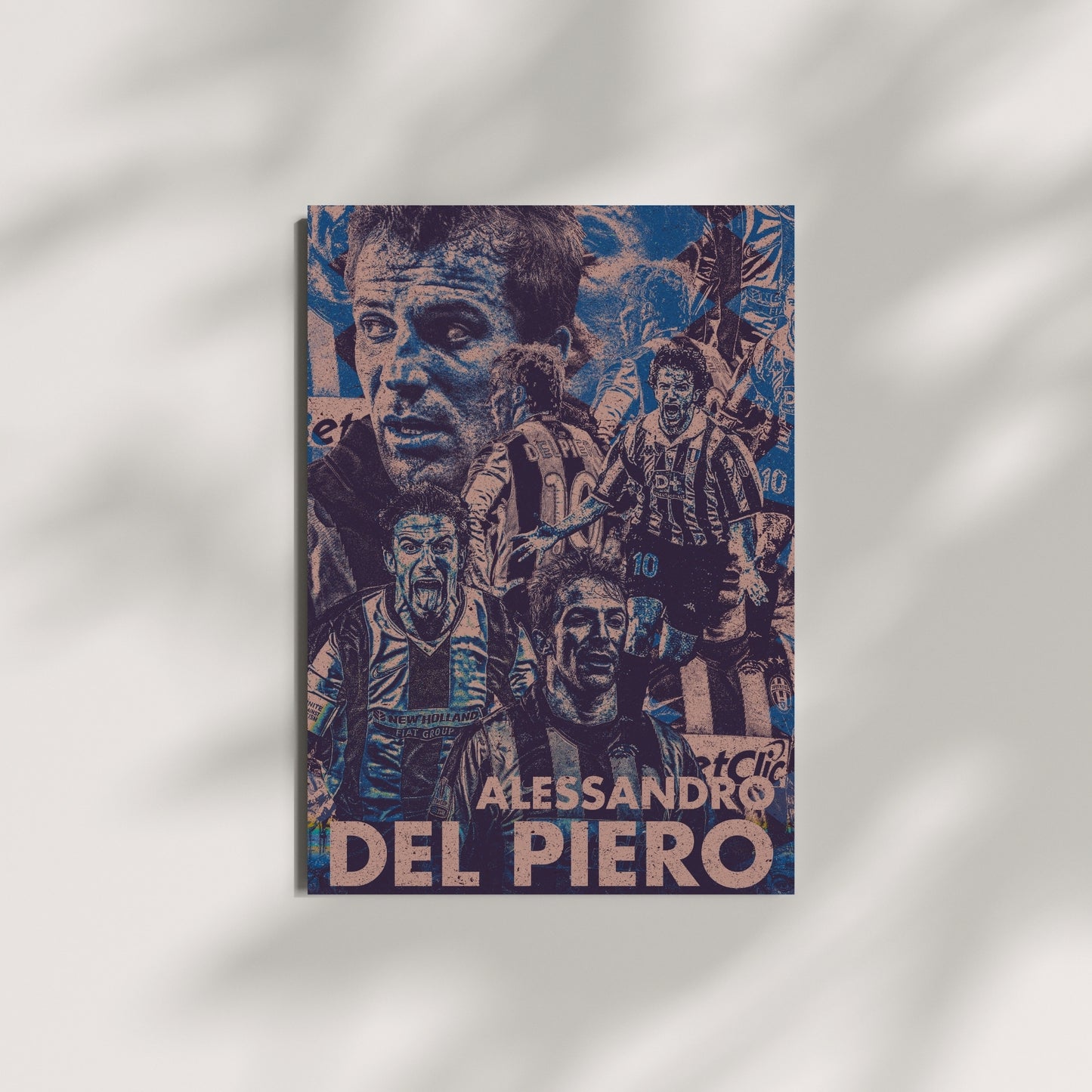 Alessandro Del Piero Juventus football wall art displayed on a modern wall with a vintage blue collage design