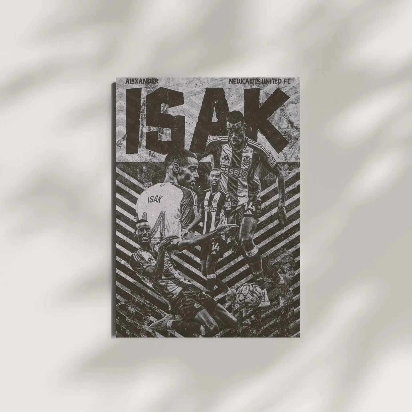 Creative football art collage of Alexander Isak in black and white, wearing Newcastle United stripes with geometric patterns.