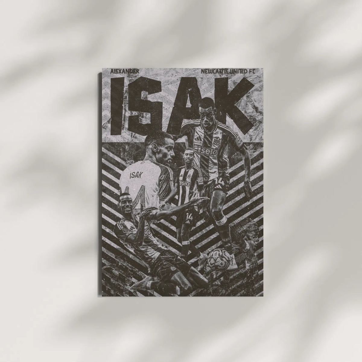 Creative football art collage of Alexander Isak in black and white, wearing Newcastle United stripes with geometric patterns.