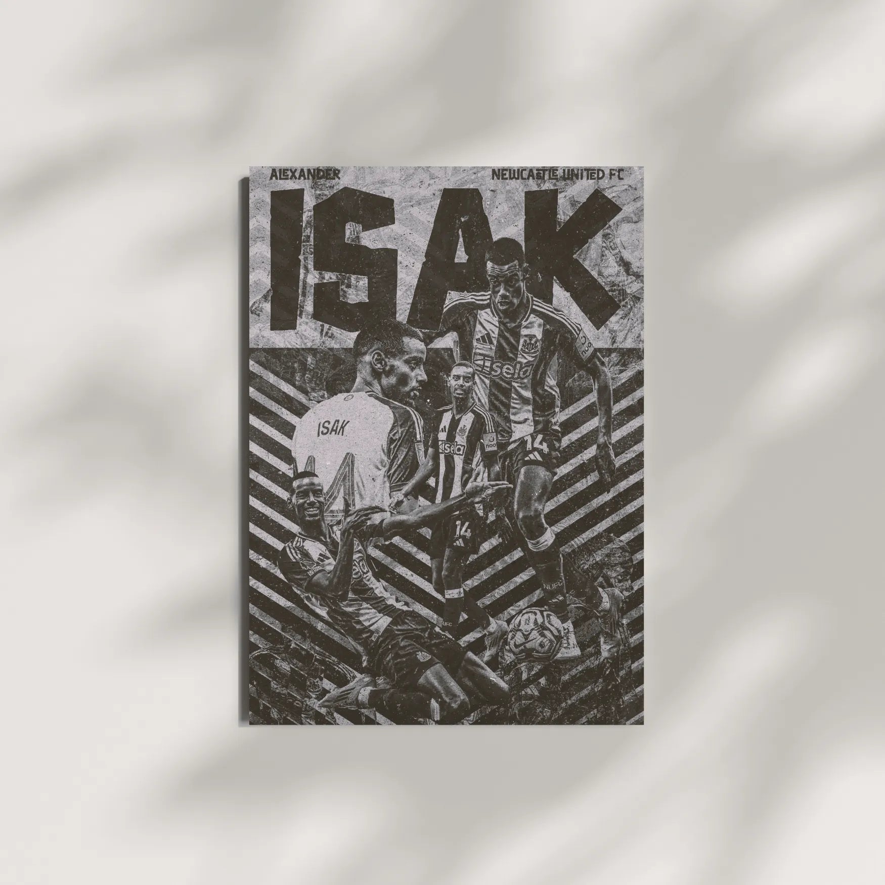 Creative football art collage of Alexander Isak in black and white, wearing Newcastle United stripes with geometric patterns.
