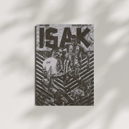 Creative football art collage of Alexander Isak in black and white, wearing Newcastle United stripes with geometric patterns.