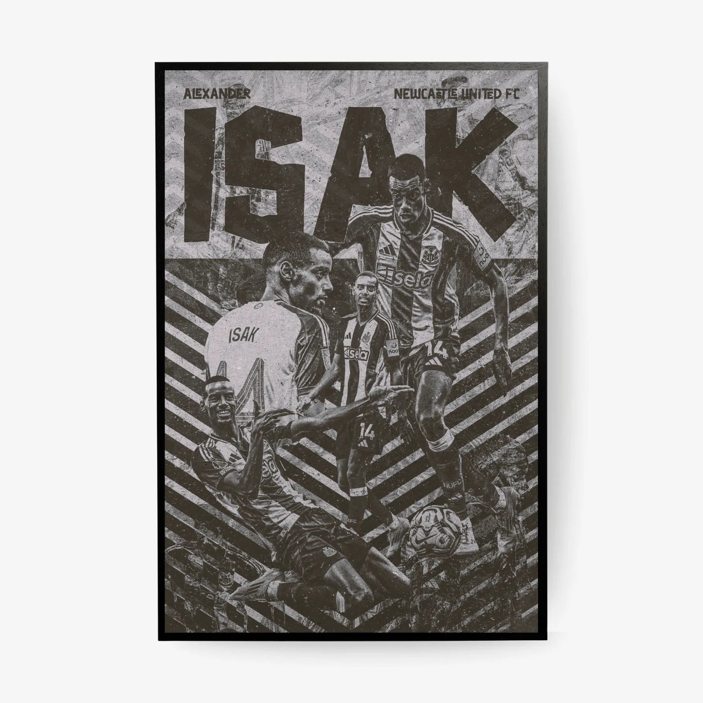 Poster design of Alexander Isak in Newcastle United kit, featuring dynamic action shots in grayscale with bold typography.