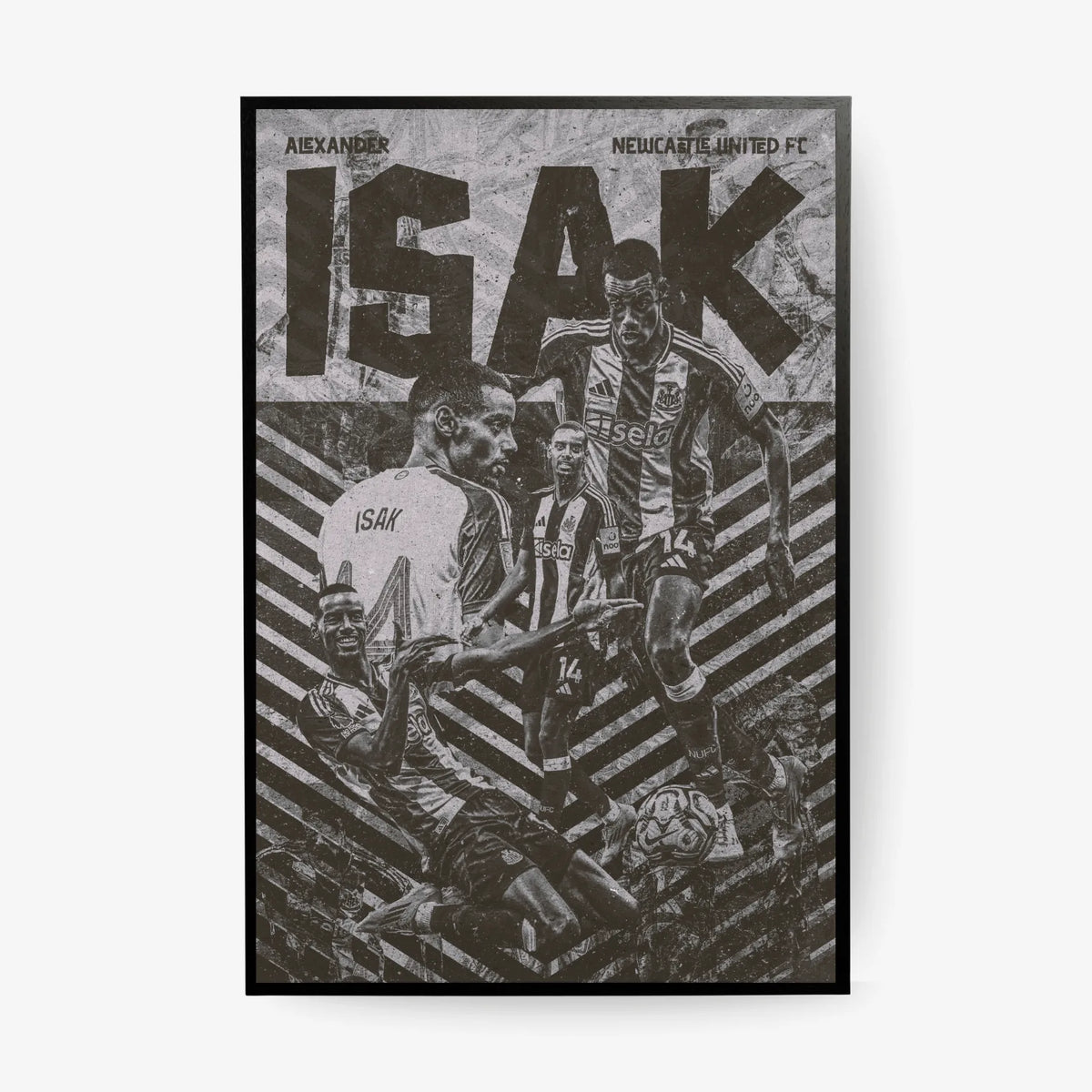 Poster design of Alexander Isak in Newcastle United kit, featuring dynamic action shots in grayscale with bold typography.