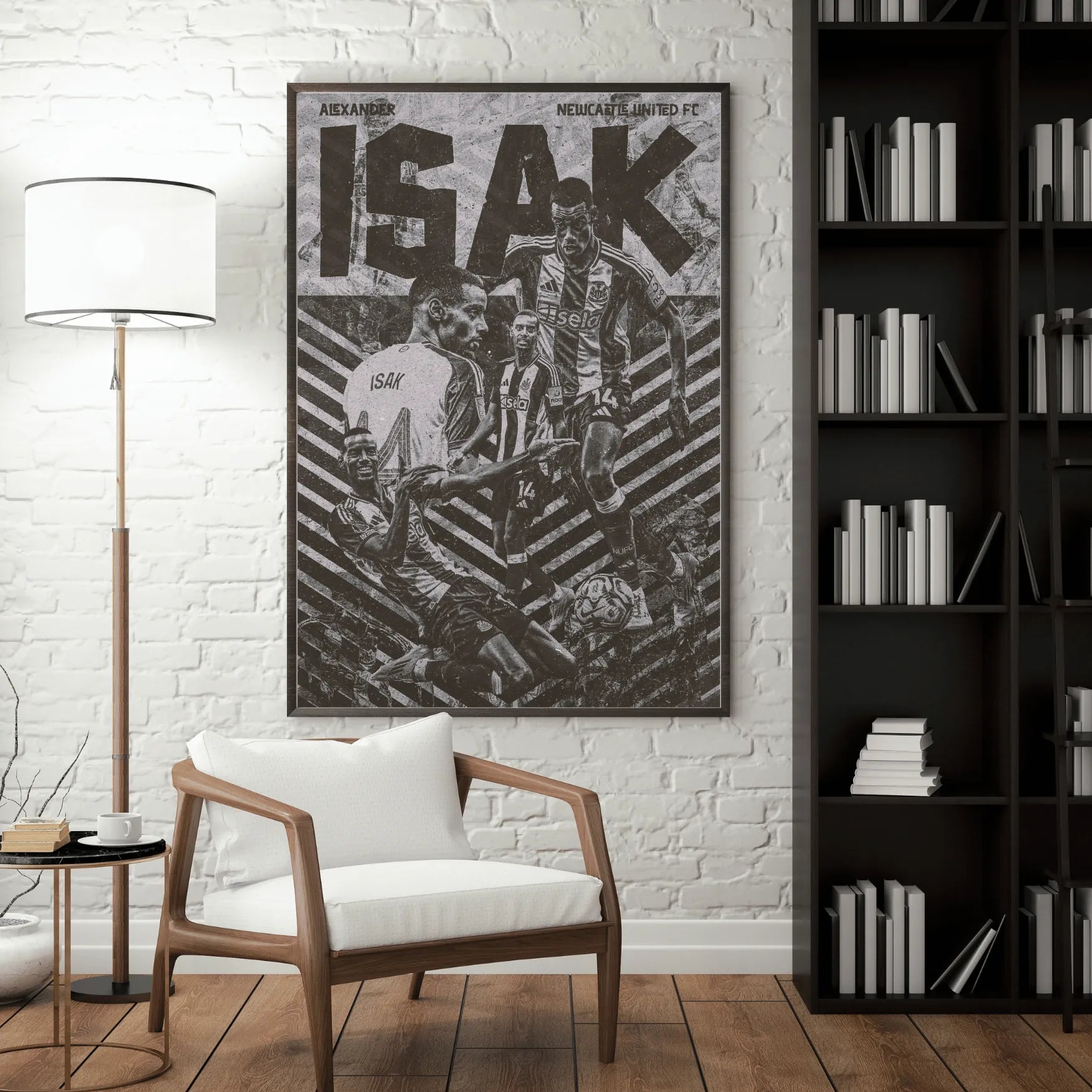 Home decor wall print of Alexander Isak in Newcastle United jersey, combining action shots with artistic black-and-white effects