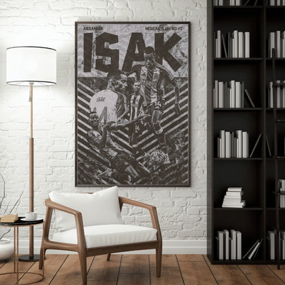 Home decor wall print of Alexander Isak in Newcastle United jersey, combining action shots with artistic black-and-white effects