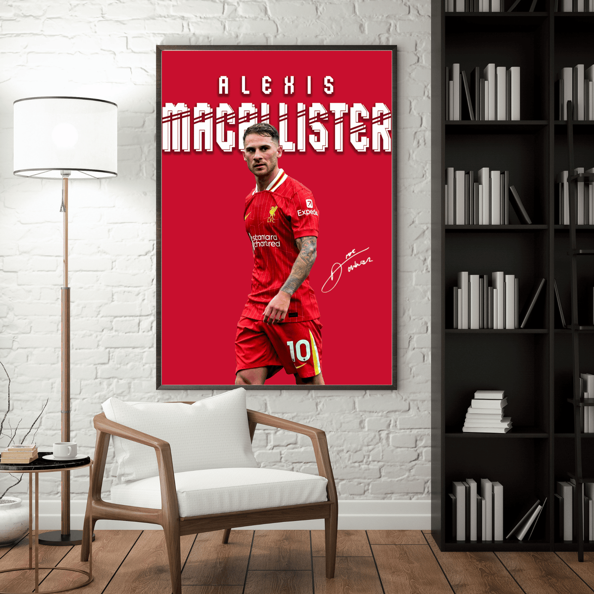 Framed Alexis Mac Allister football poster displayed in a modern living room