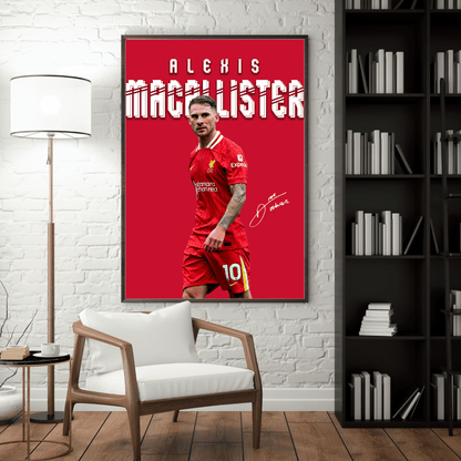 Framed Alexis Mac Allister football poster displayed in a modern living room