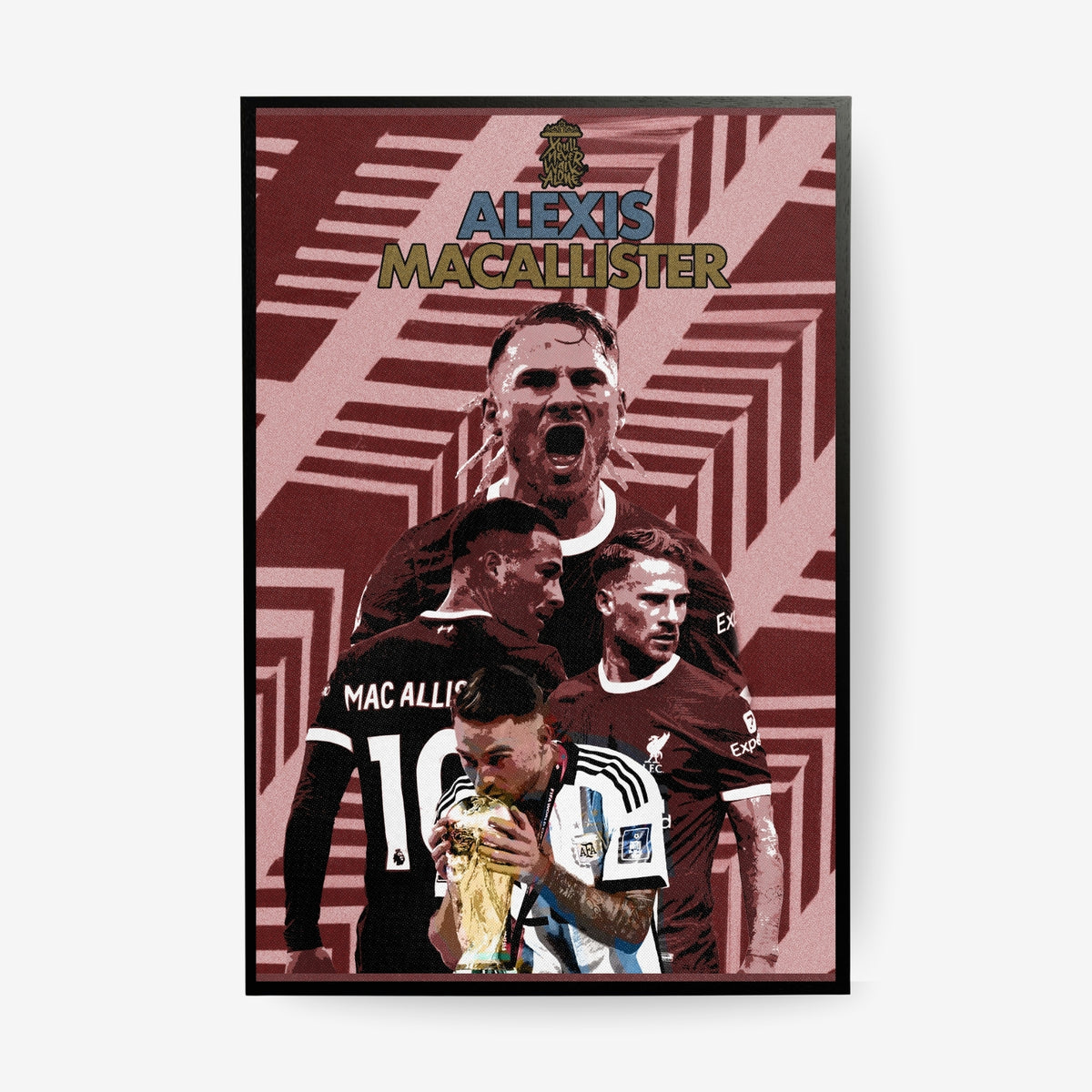Alexis Mac Allister football poster featuring Liverpool and Argentina moments in a black frame