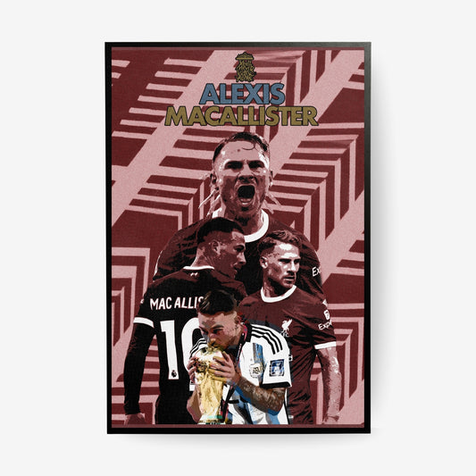 Alexis Mac Allister football poster featuring Liverpool and Argentina moments in a black frame