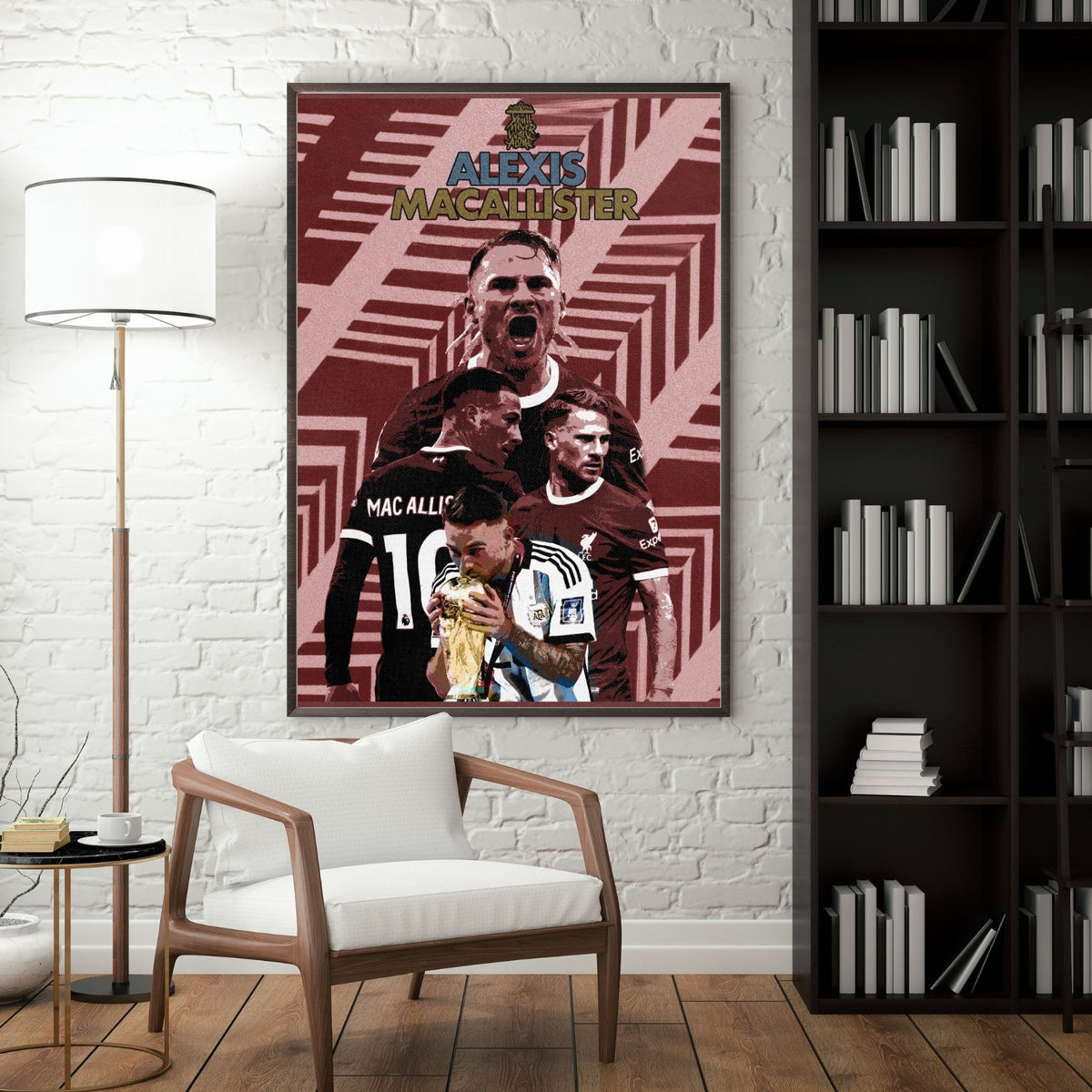 Alexis Mac Allister Liverpool poster displayed as framed football wall art in a modern interior
