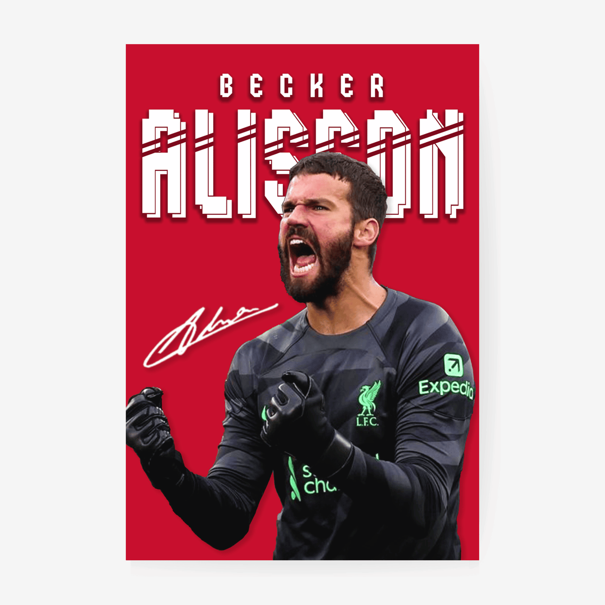 Alisson Becker football poster artwork with red background
