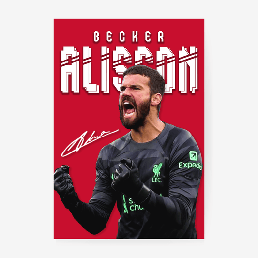 Alisson Becker football poster artwork with red background