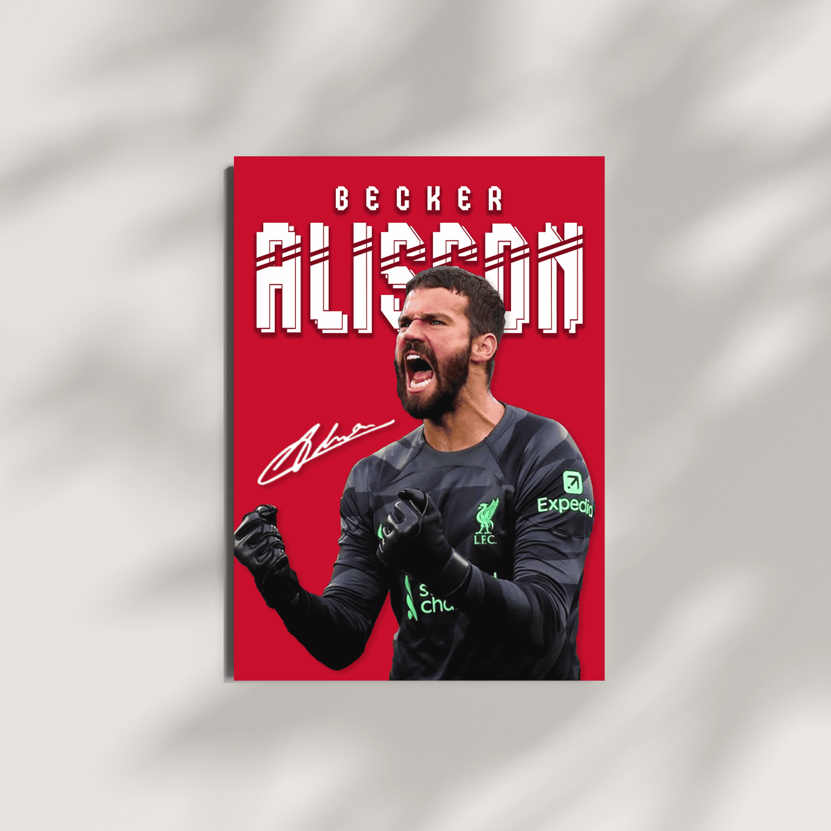 Alisson Becker football poster shown on a minimal canvas wall mockup
