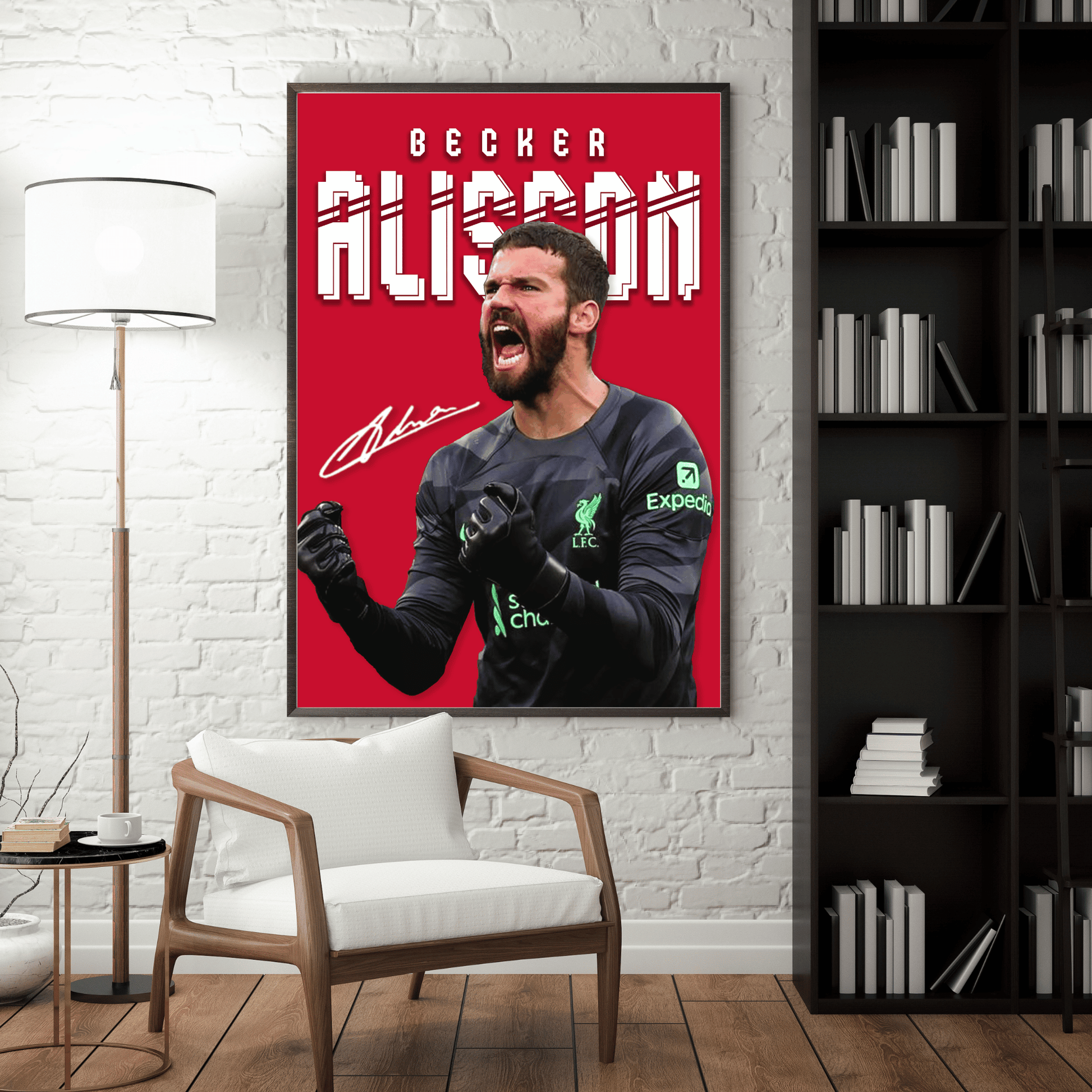 Framed Alisson Becker football poster displayed in a modern living room
