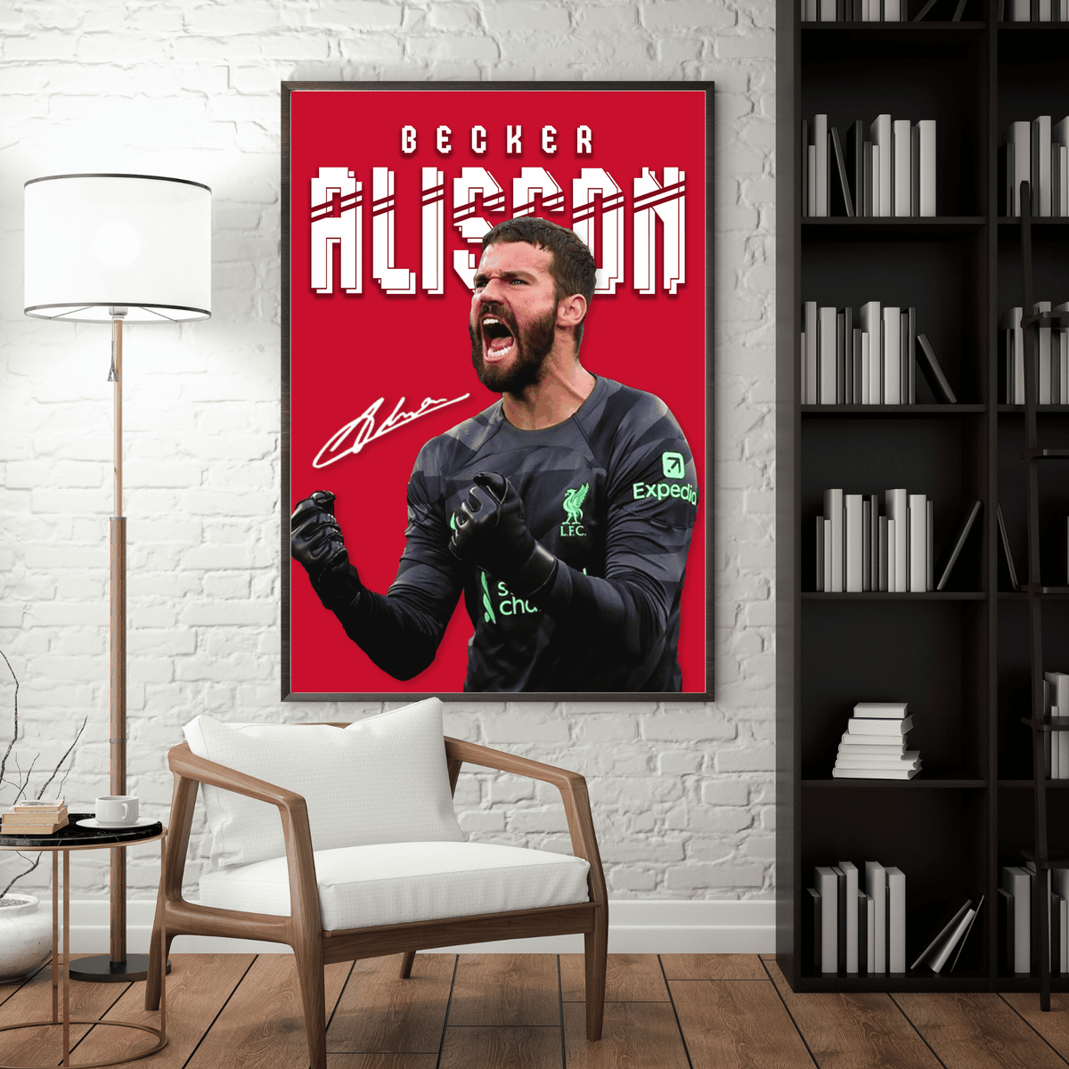 Framed Alisson Becker football poster displayed in a modern living room