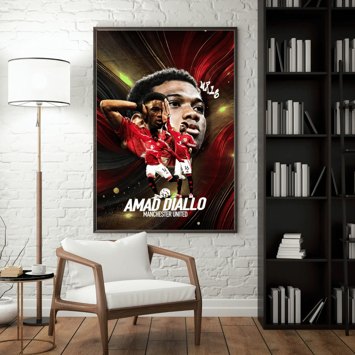 Collectable football poster of Amad Diallo in Manchester United uniform.
