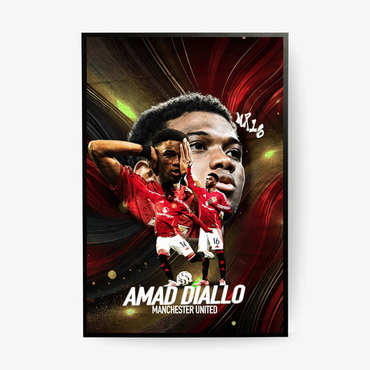 Poster of Amad Diallo celebrating in a Manchester United kit with dynamic background.