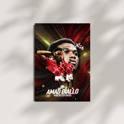 Wall art design featuring Amad Diallo in Manchester United colors.