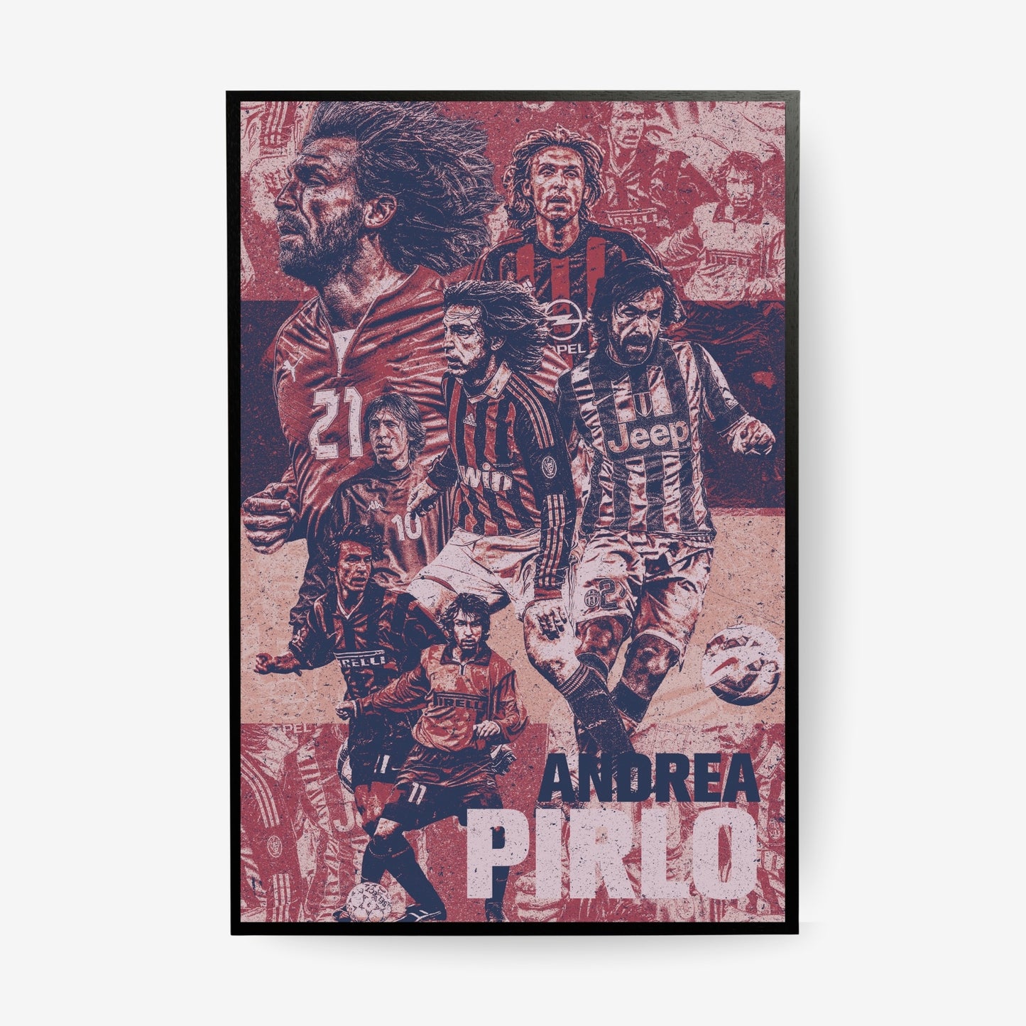 Andrea Pirlo football poster in a black frame featuring iconic AC Milan and Juventus career moments in a vintage red collage design