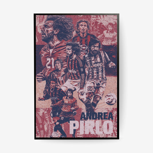 Andrea Pirlo football poster in a black frame featuring iconic AC Milan and Juventus career moments in a vintage red collage design