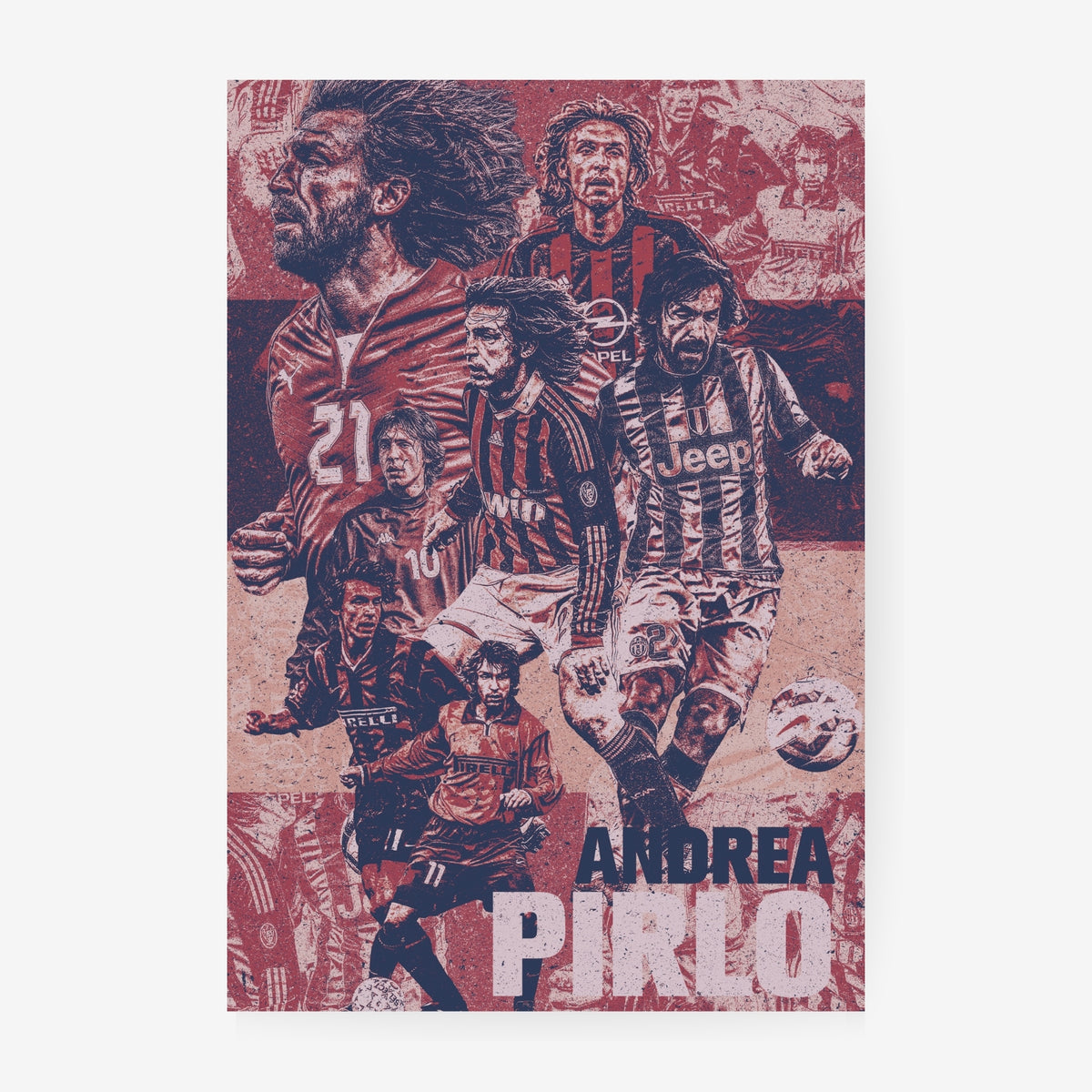 Andrea Pirlo football poster featuring iconic AC Milan and Juventus career moments in a distressed vintage red collage design