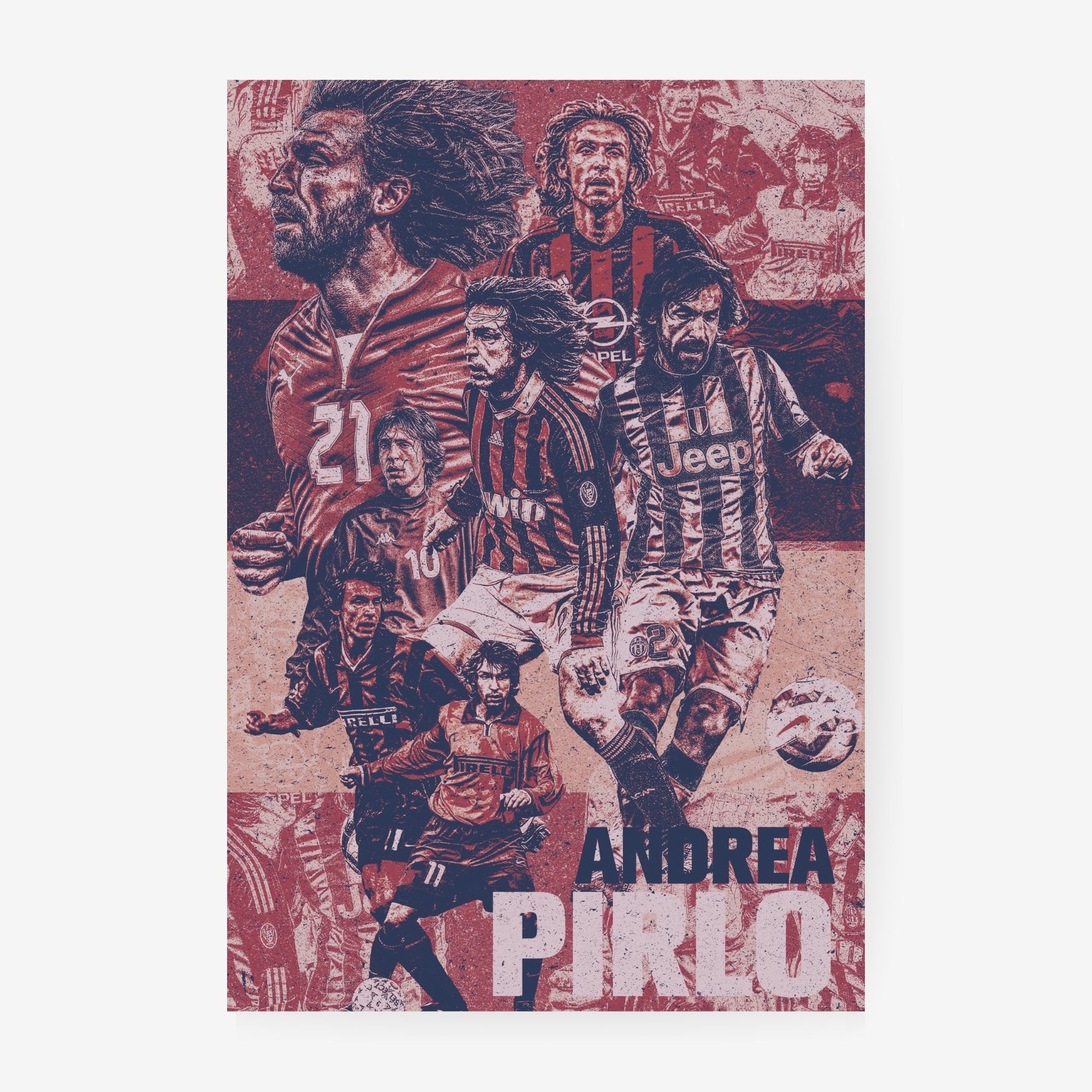 Andrea Pirlo football poster featuring iconic AC Milan and Juventus career moments in a distressed vintage red collage design