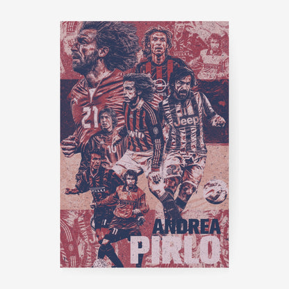 Andrea Pirlo football poster featuring iconic AC Milan and Juventus career moments in a distressed vintage red collage design