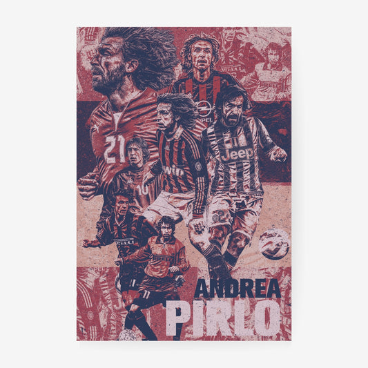 Andrea Pirlo football poster featuring iconic AC Milan and Juventus career moments in a distressed vintage red collage design