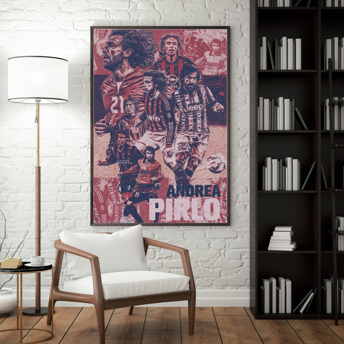 Andrea Pirlo AC Milan and Juventus football poster displayed in a modern interior with vintage red artwork