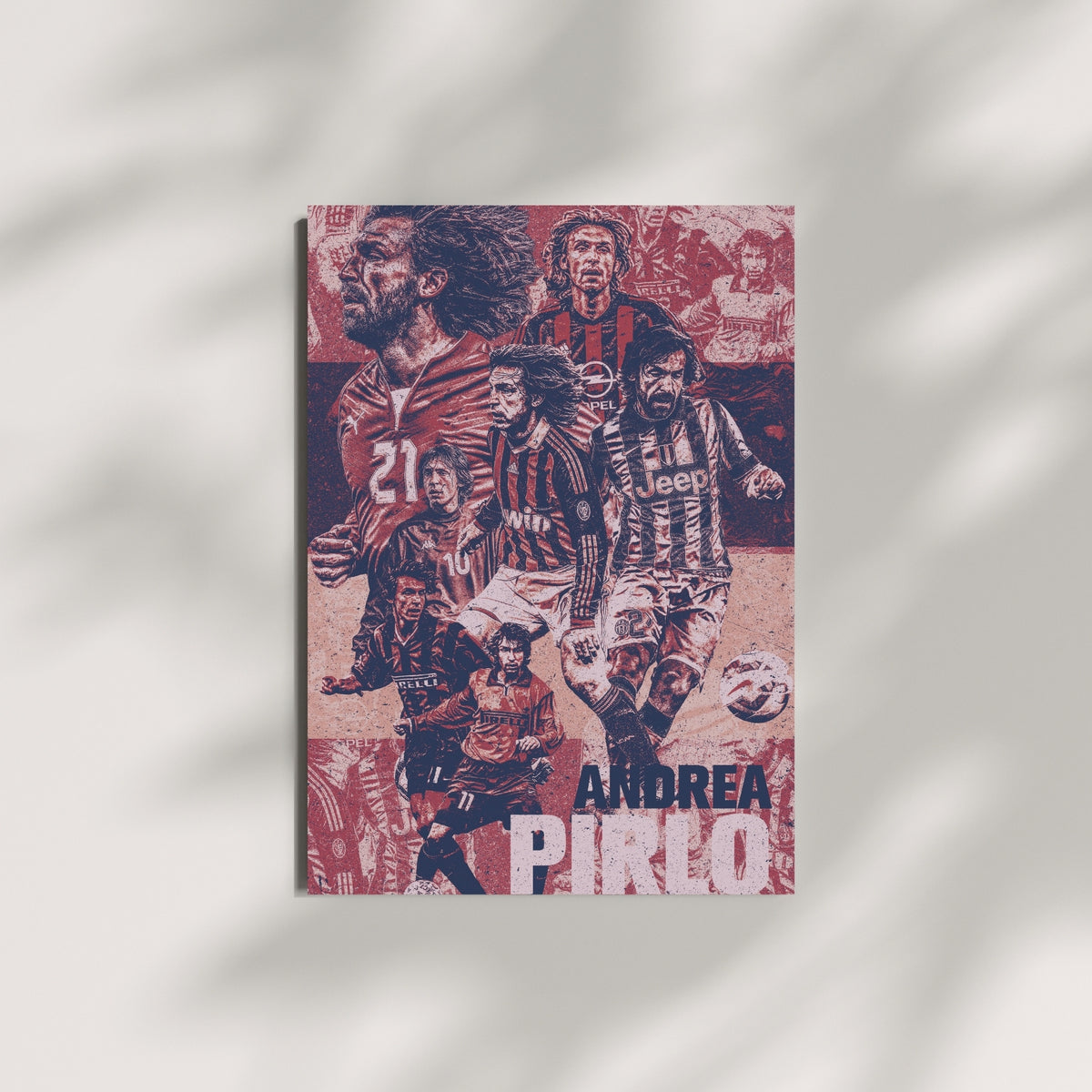 Andrea Pirlo AC Milan and Juventus football wall art displayed on a modern wall in a vintage red poster design