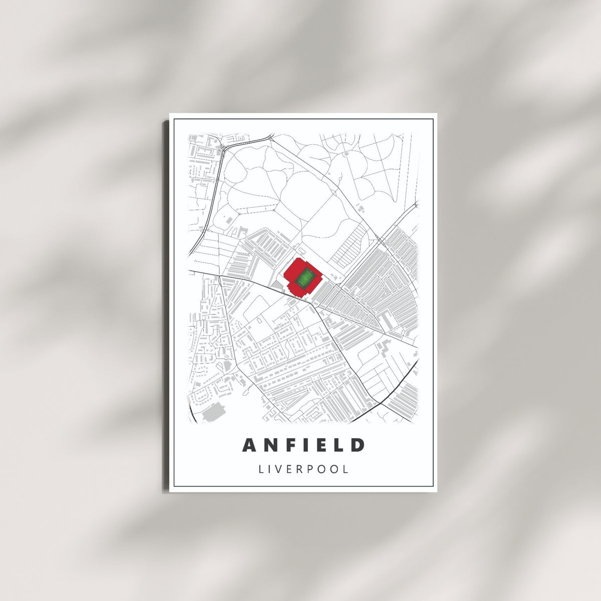 Anfield Liverpool football wall art featuring a minimalist stadium map design displayed on a modern wall