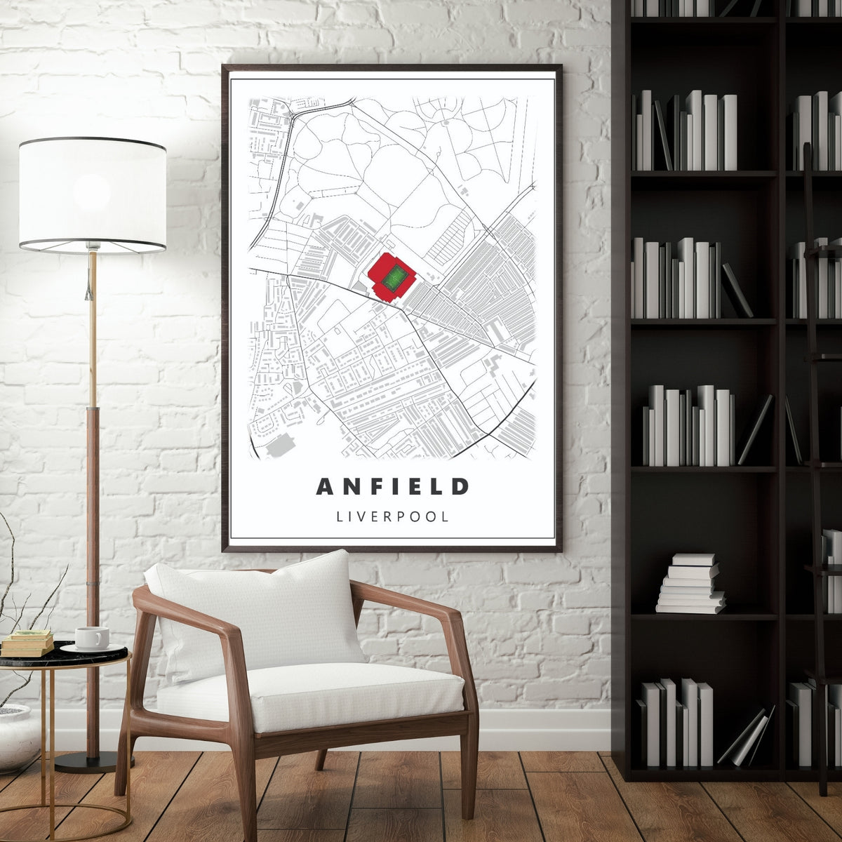 Anfield Liverpool stadium map poster displayed in a modern interior as minimalist football room decor