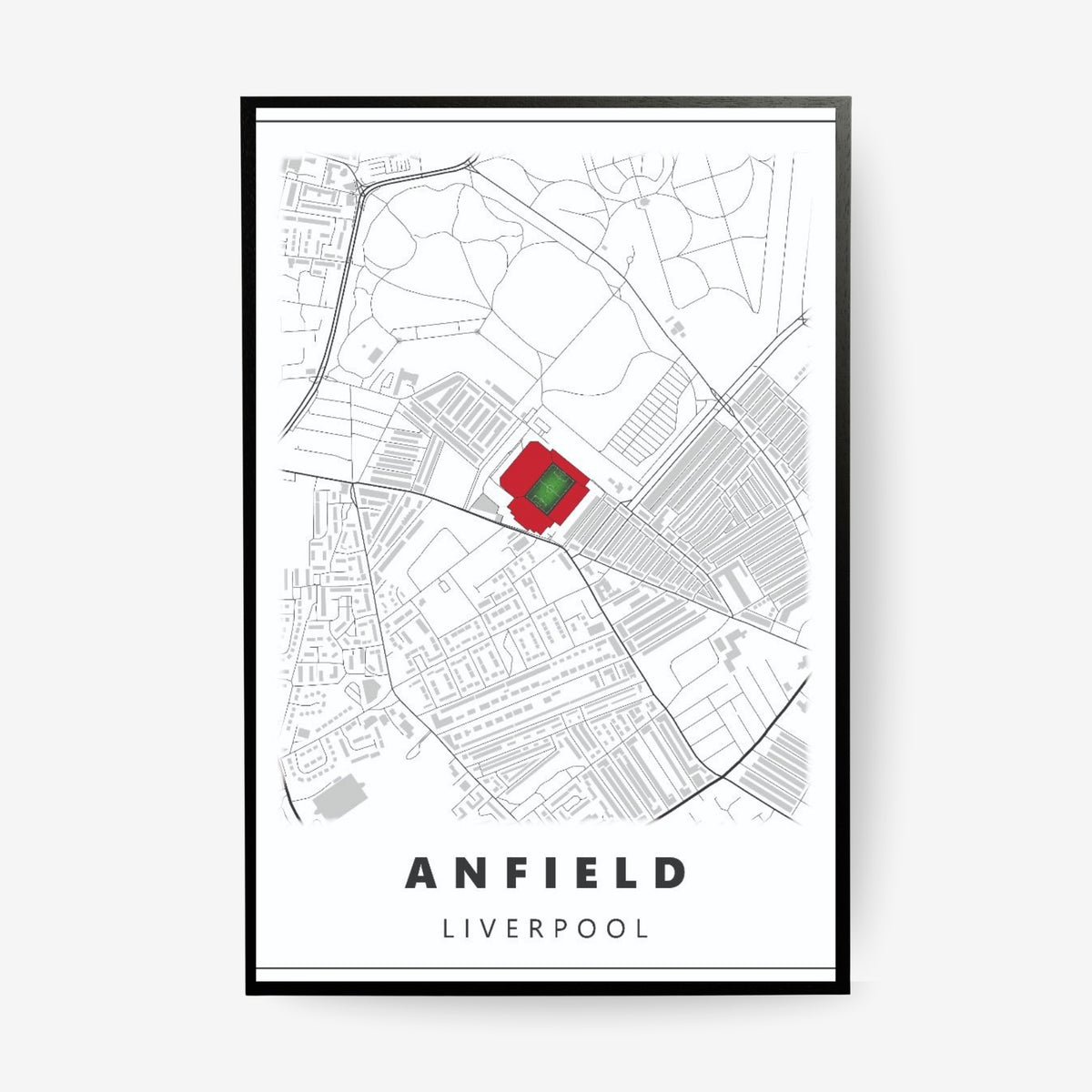 Anfield Liverpool stadium map poster in a black frame featuring a minimalist city street map with the iconic football stadium highlighted in red