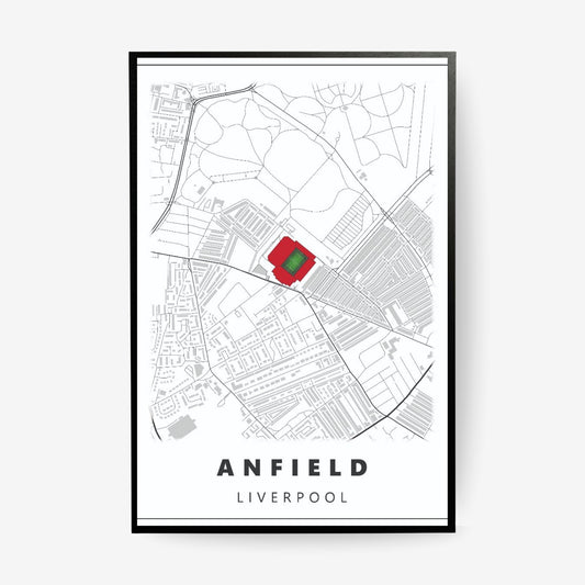 Anfield Liverpool stadium map poster in a black frame featuring a minimalist city street map with the iconic football stadium highlighted in red