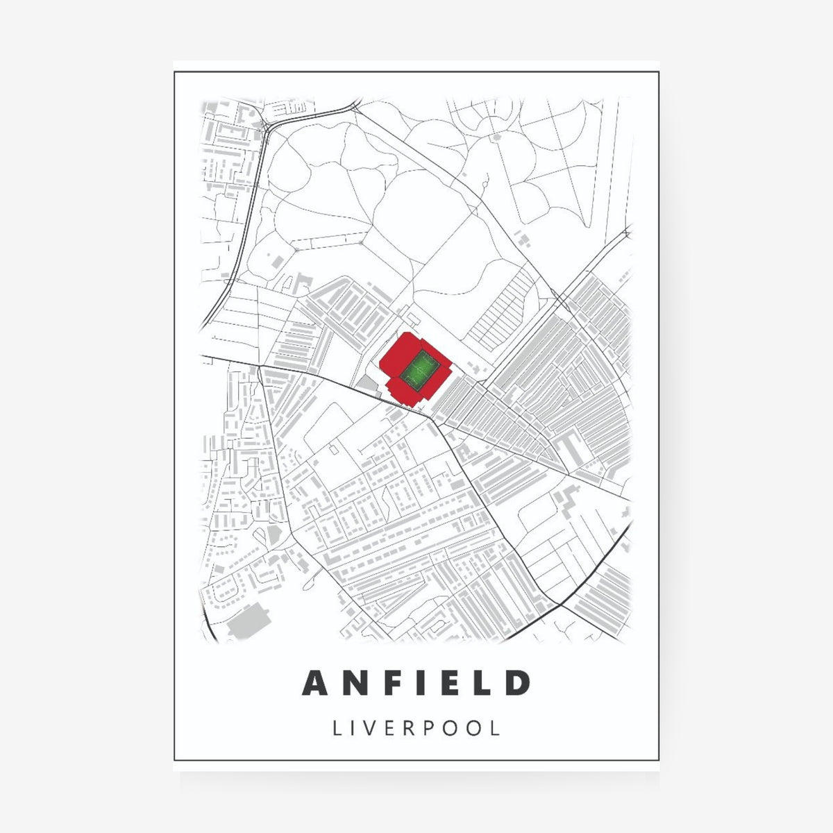 Anfield Liverpool stadium map poster featuring a minimalist city street map with the iconic football stadium highlighted in red