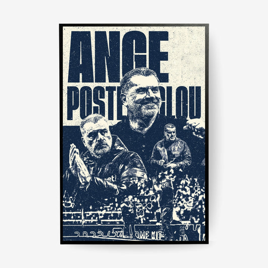 Ange Postecoglou Tottenham football poster in a black frame featuring the Spurs manager in a navy and cream vintage design